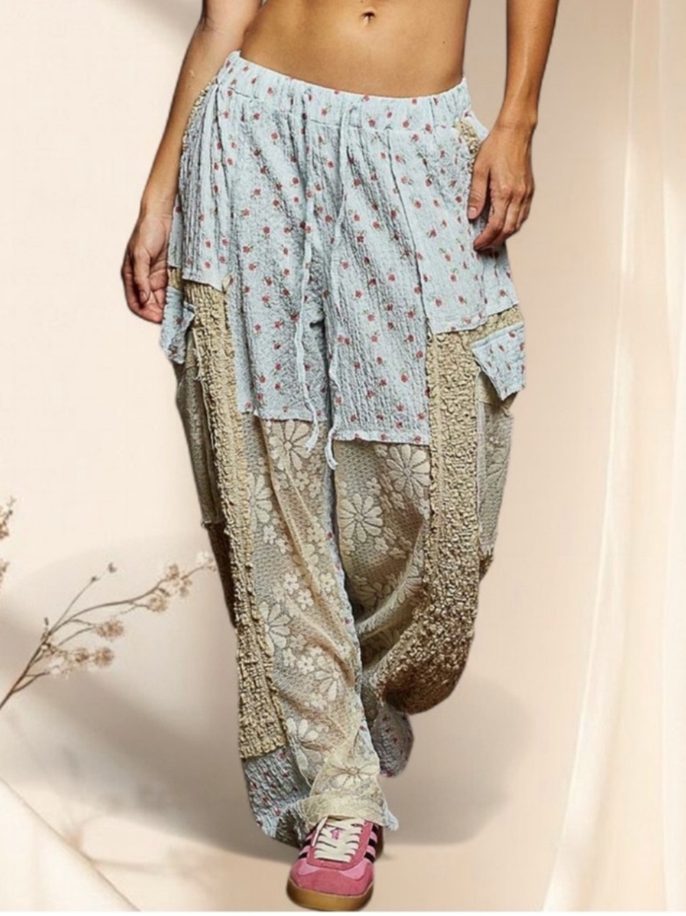 LAST ONE POL Light Blue Patchwork Lace Baggy Relaxed Fit Pants Boho Festival